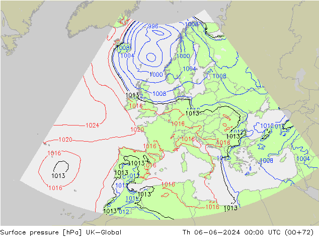 Presión superficial UK-Global jue 06.06.2024 00 UTC