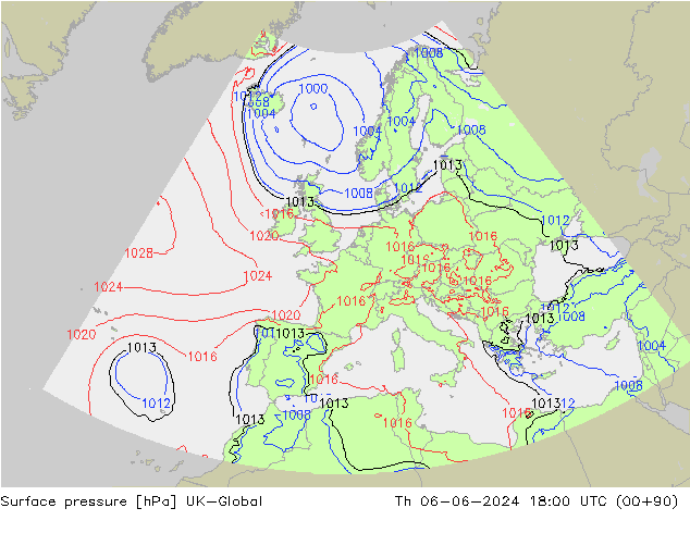 Pressione al suolo UK-Global gio 06.06.2024 18 UTC