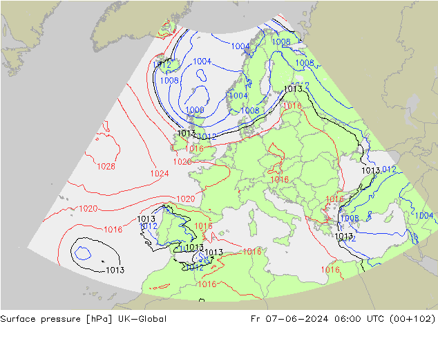 Pressione al suolo UK-Global ven 07.06.2024 06 UTC