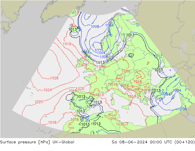 Pressione al suolo UK-Global sab 08.06.2024 00 UTC