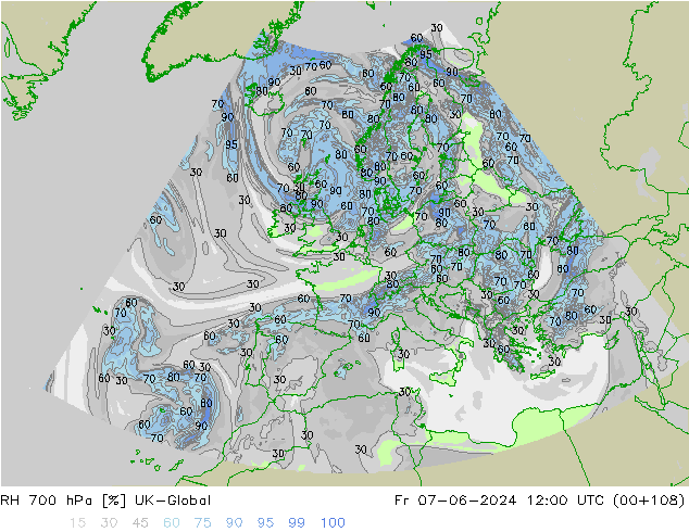 Humidité rel. 700 hPa UK-Global ven 07.06.2024 12 UTC