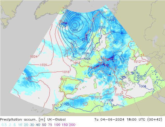 Precipitation accum. UK-Global Tu 04.06.2024 18 UTC