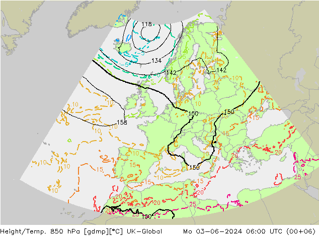 Hoogte/Temp. 850 hPa UK-Global ma 03.06.2024 06 UTC