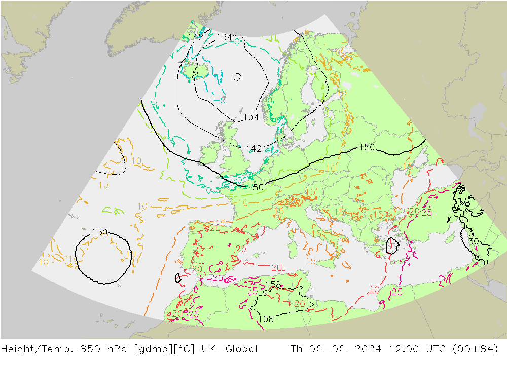 Hoogte/Temp. 850 hPa UK-Global do 06.06.2024 12 UTC