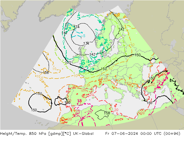 Hoogte/Temp. 850 hPa UK-Global vr 07.06.2024 00 UTC