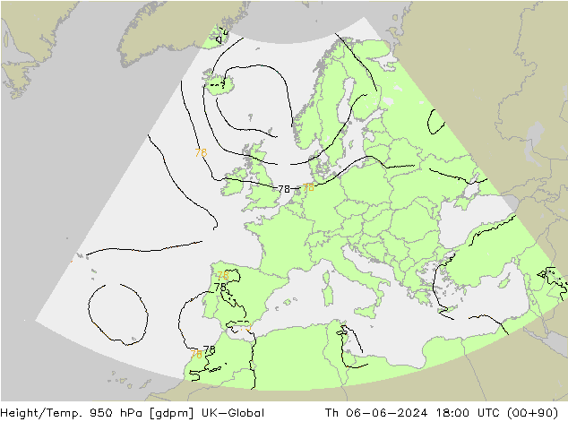 Height/Temp. 950 hPa UK-Global  06.06.2024 18 UTC