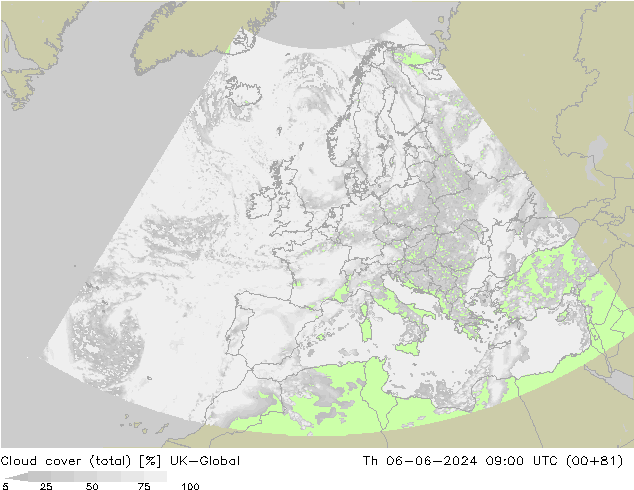 Bewolking (Totaal) UK-Global do 06.06.2024 09 UTC