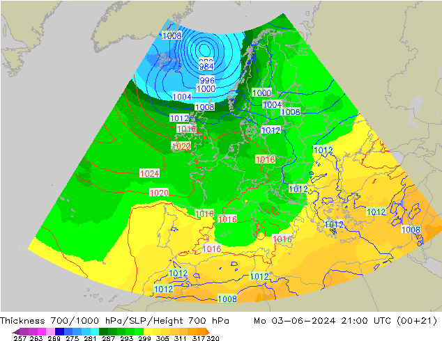 Thck 700-1000 hPa UK-Global lun 03.06.2024 21 UTC