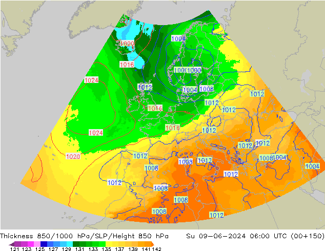 Thck 850-1000 гПа UK-Global Вс 09.06.2024 06 UTC