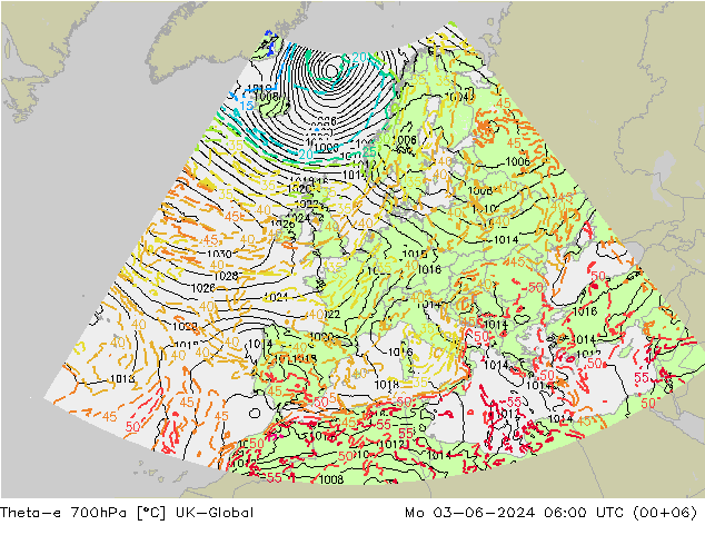 Theta-e 700hPa UK-Global Mo 03.06.2024 06 UTC