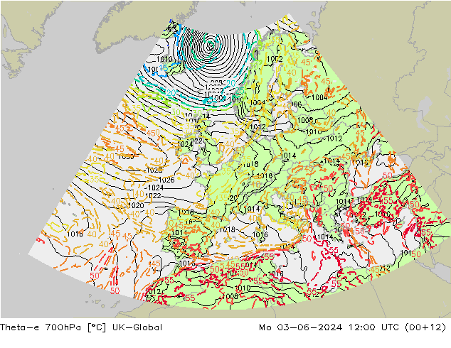 Theta-e 700hPa UK-Global Po 03.06.2024 12 UTC