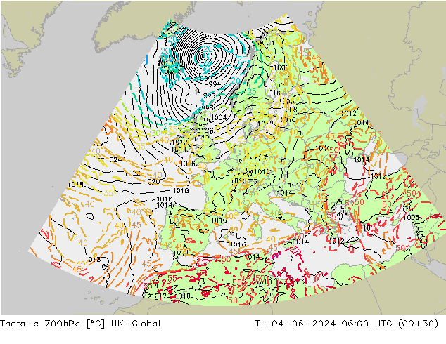 Theta-e 700hPa UK-Global Di 04.06.2024 06 UTC