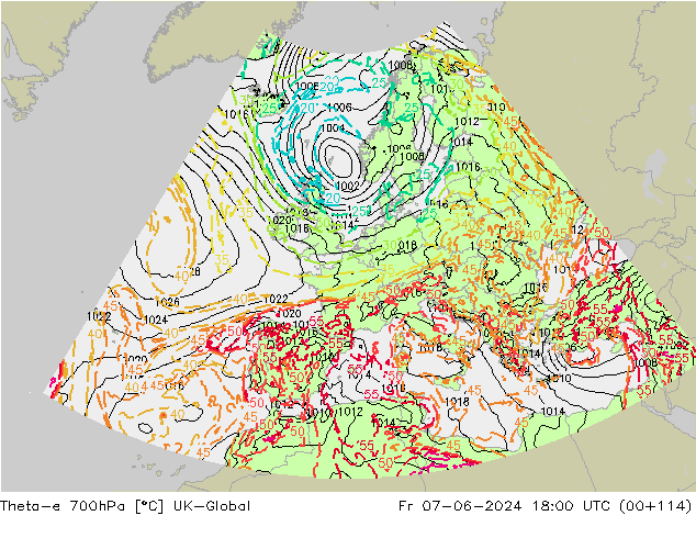 Theta-e 700hPa UK-Global Fr 07.06.2024 18 UTC