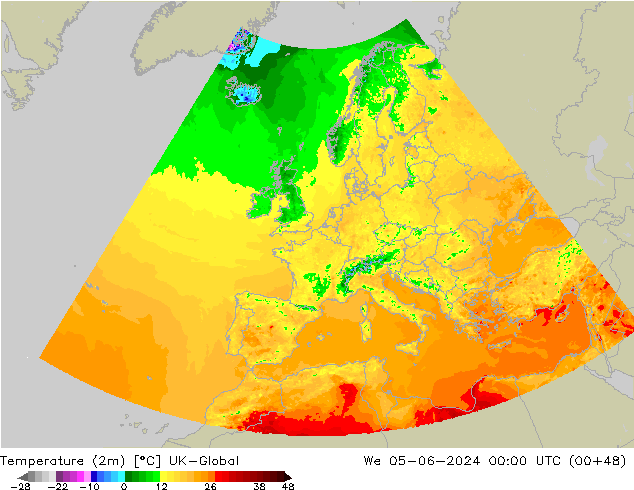 Temperaturkarte (2m) UK-Global Mi 05.06.2024 00 UTC