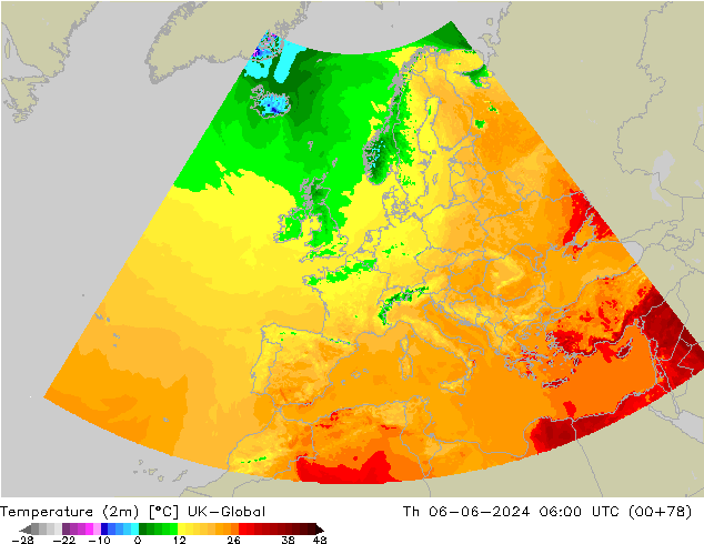 Temperatura (2m) UK-Global gio 06.06.2024 06 UTC