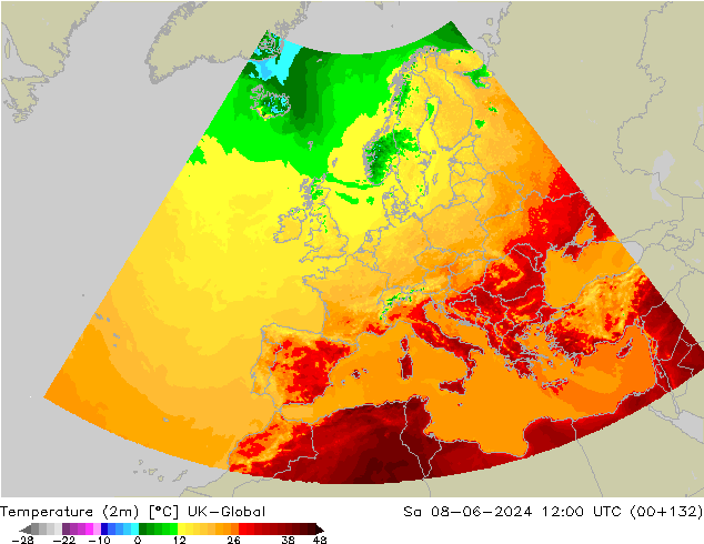 Temperatuurkaart (2m) UK-Global za 08.06.2024 12 UTC