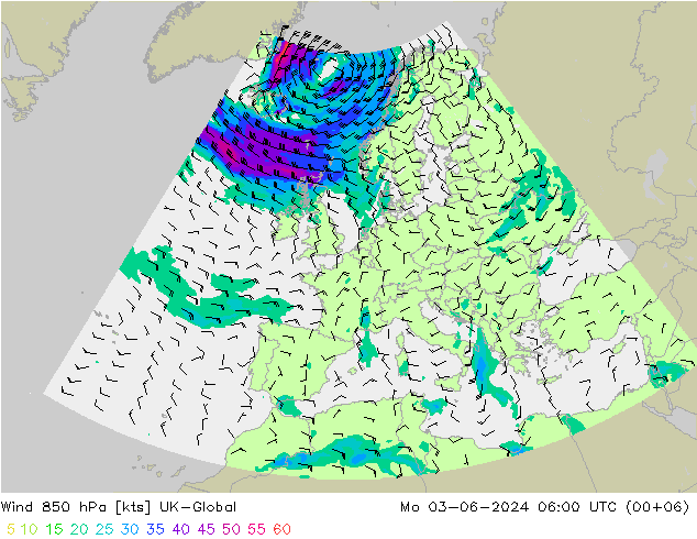 风 850 hPa UK-Global 星期一 03.06.2024 06 UTC