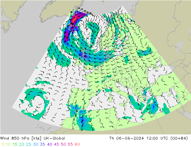 Rüzgar 850 hPa UK-Global Per 06.06.2024 12 UTC