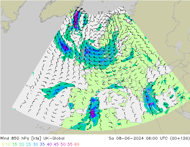 wiatr 850 hPa UK-Global so. 08.06.2024 06 UTC