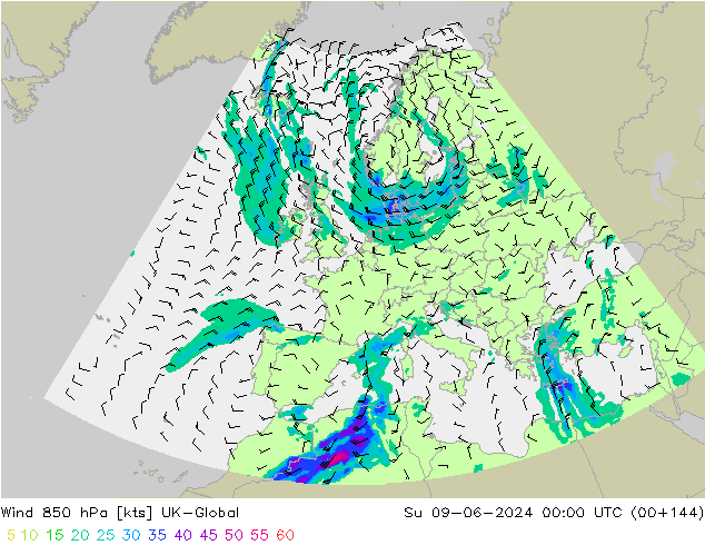 Wind 850 hPa UK-Global Su 09.06.2024 00 UTC