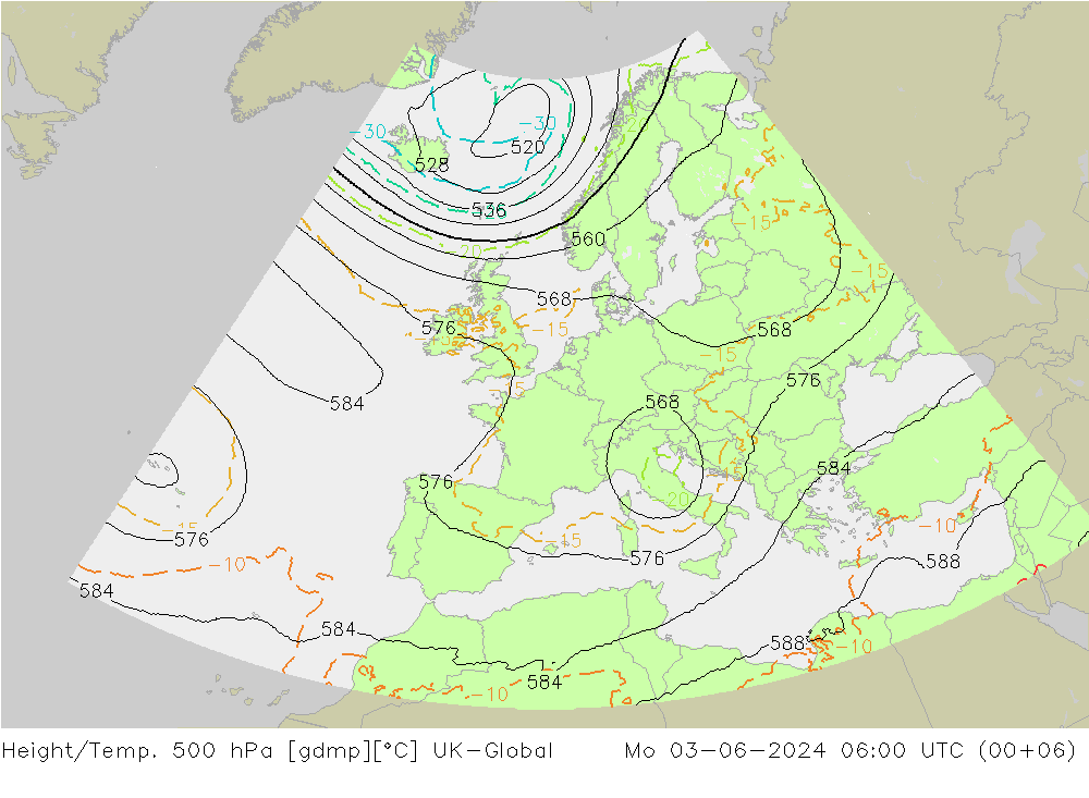 Height/Temp. 500 hPa UK-Global 星期一 03.06.2024 06 UTC