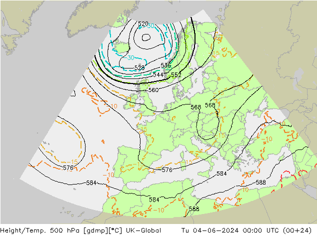 Height/Temp. 500 hPa UK-Global Tu 04.06.2024 00 UTC