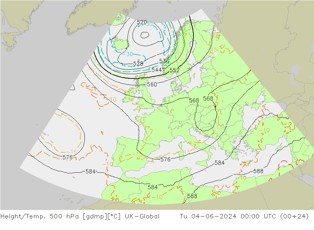 Yükseklik/Sıc. 500 hPa UK-Global Sa 04.06.2024 00 UTC