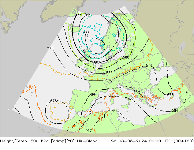 Yükseklik/Sıc. 500 hPa UK-Global Cts 08.06.2024 00 UTC