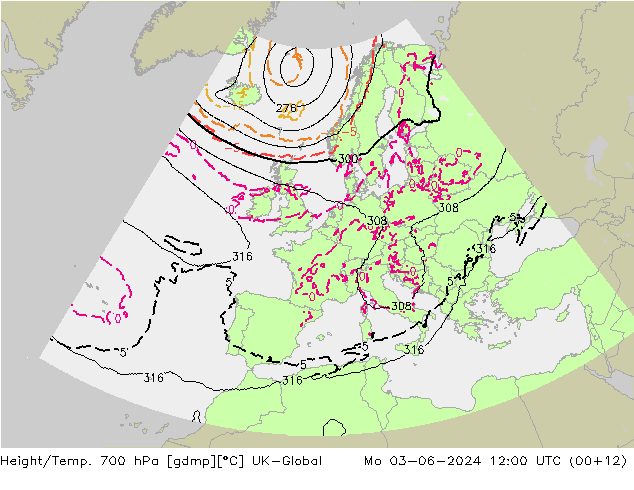 Height/Temp. 700 hPa UK-Global pon. 03.06.2024 12 UTC