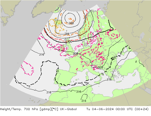 Height/Temp. 700 hPa UK-Global Tu 04.06.2024 00 UTC