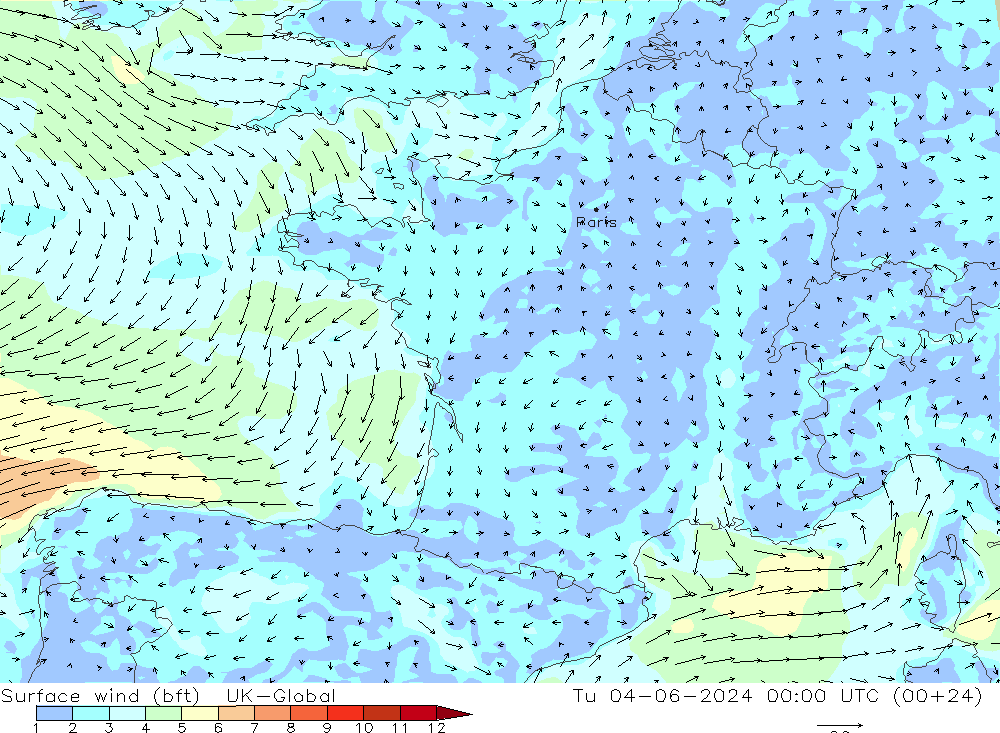 Bodenwind (bft) UK-Global Di 04.06.2024 00 UTC