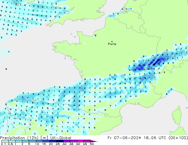 Precipitazione (12h) UK-Global ven 07.06.2024 06 UTC