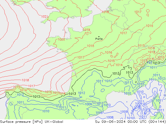 Surface pressure UK-Global Su 09.06.2024 00 UTC