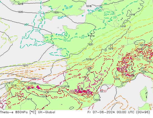Theta-e 850hPa UK-Global Cu 07.06.2024 00 UTC