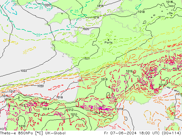 Theta-e 850hPa UK-Global ven 07.06.2024 18 UTC