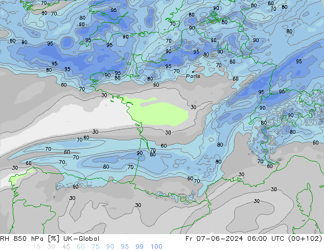 RH 850 hPa UK-Global Fr 07.06.2024 06 UTC