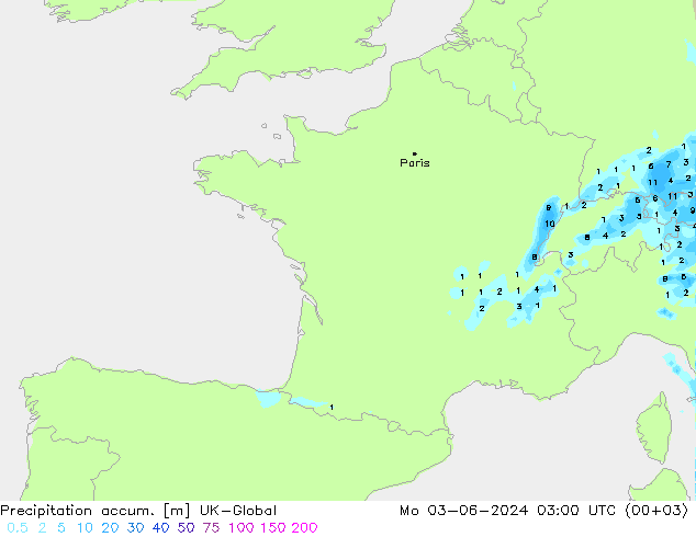 Precipitation accum. UK-Global lun 03.06.2024 03 UTC