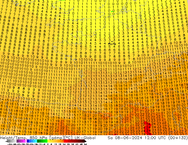 Height/Temp. 850 гПа UK-Global сб 08.06.2024 12 UTC