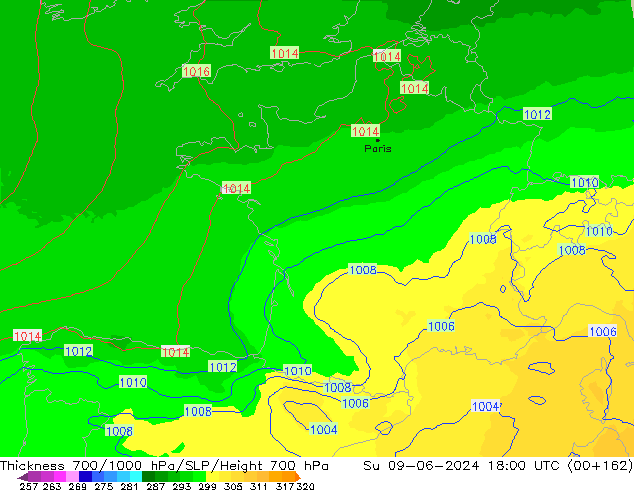 Espesor 700-1000 hPa UK-Global dom 09.06.2024 18 UTC