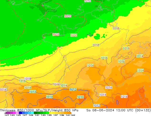 Thck 850-1000 гПа UK-Global сб 08.06.2024 12 UTC