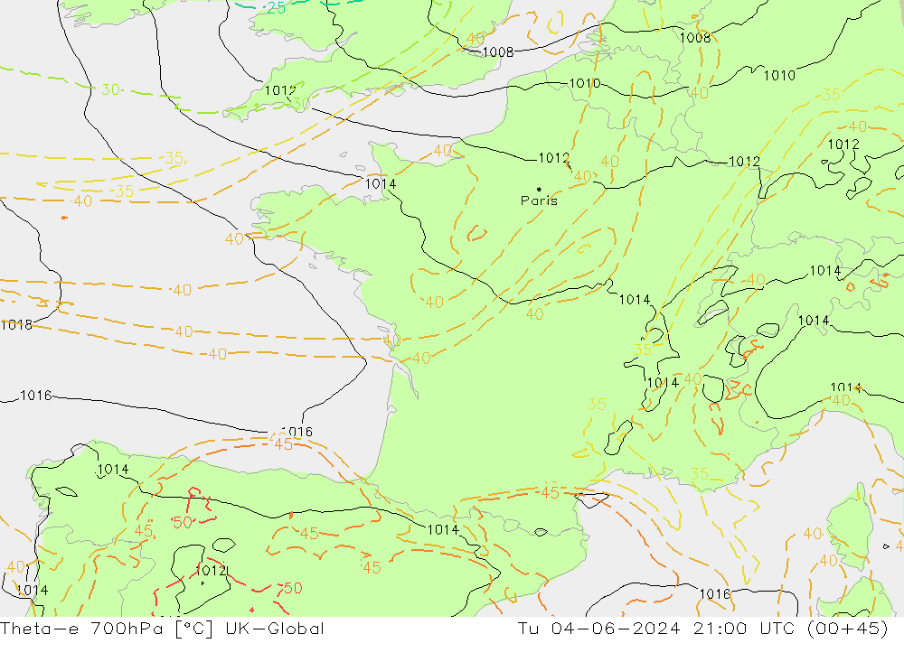 Theta-e 700hPa UK-Global Út 04.06.2024 21 UTC