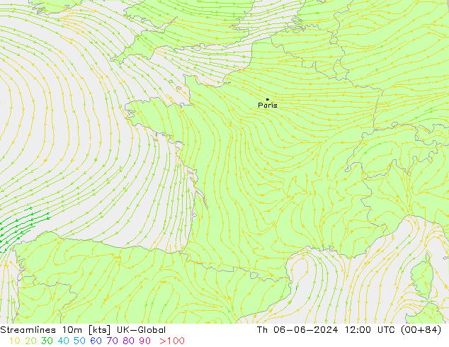 Streamlines 10m UK-Global Čt 06.06.2024 12 UTC