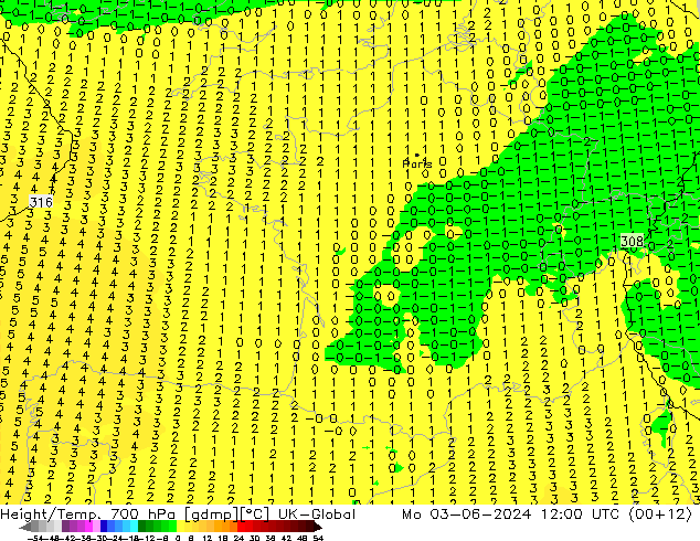 Height/Temp. 700 hPa UK-Global Seg 03.06.2024 12 UTC