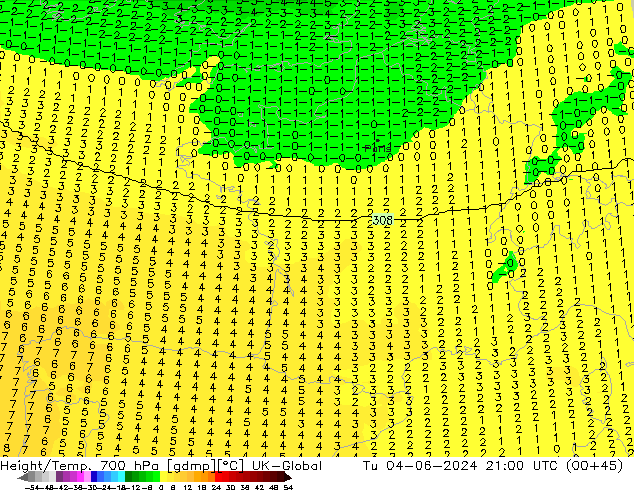 Height/Temp. 700 hPa UK-Global  04.06.2024 21 UTC