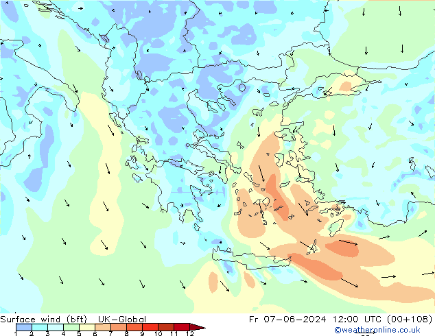 Wind 10 m (bft) UK-Global vr 07.06.2024 12 UTC