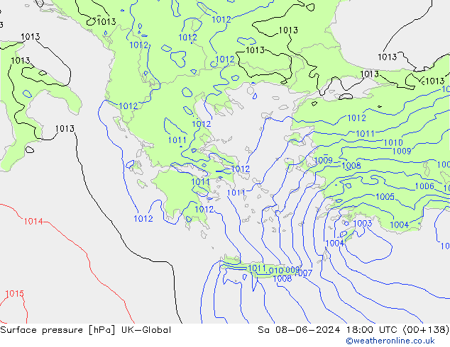 Presión superficial UK-Global sáb 08.06.2024 18 UTC