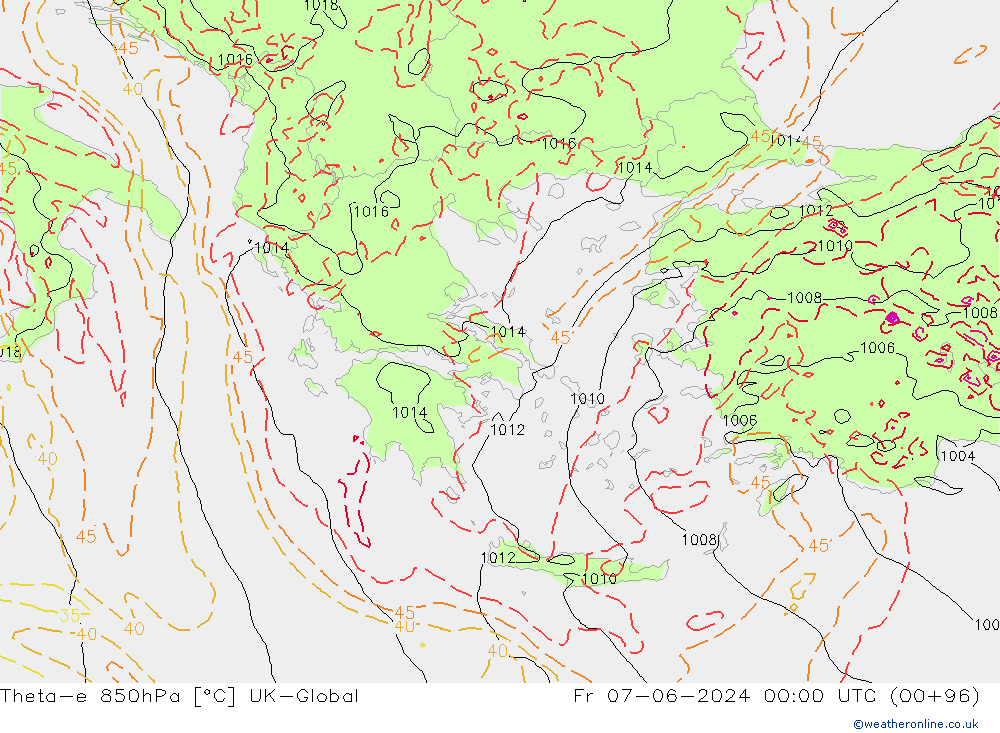 Theta-e 850hPa UK-Global Fr 07.06.2024 00 UTC