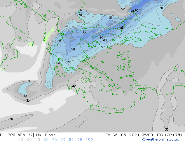 RH 700 hPa UK-Global czw. 06.06.2024 06 UTC