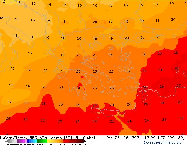 Height/Temp. 850 hPa UK-Global St 05.06.2024 12 UTC