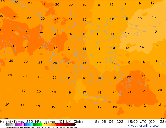 Hoogte/Temp. 850 hPa UK-Global za 08.06.2024 18 UTC